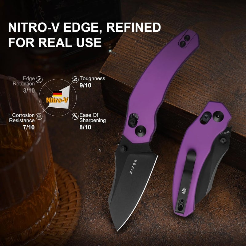 KIZER Mini Bulldog Pocket Knife, 2.5” Nitro V Sheepsfoot Blade Folding Knife, Aluminum Handle Clutch Lock Small EDC Knife for Men Women Gift, Fishing Hiking Camping Hunting Knives V3672SA1 - Image 4